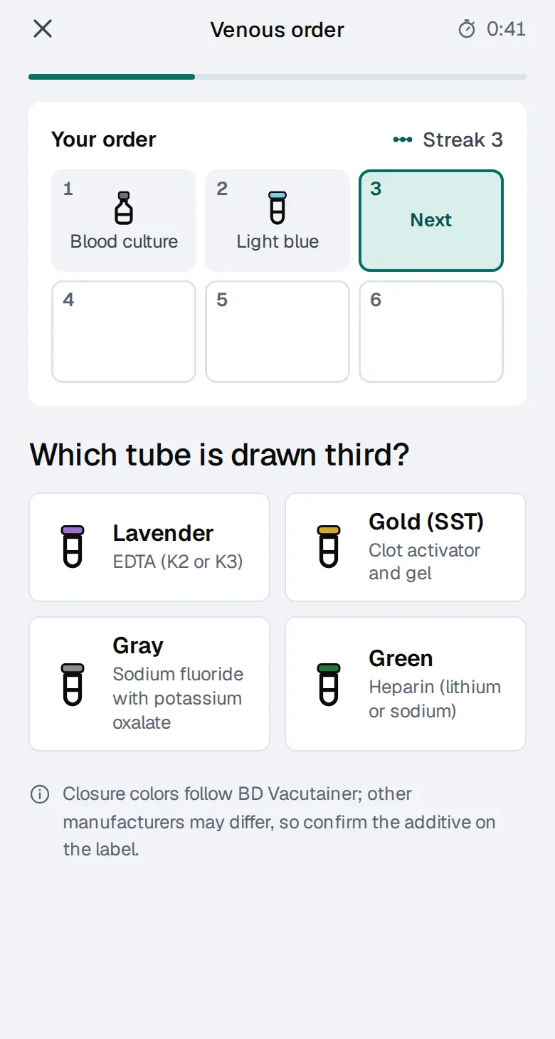 App design: the order-of-draw drill with six slots for tubes