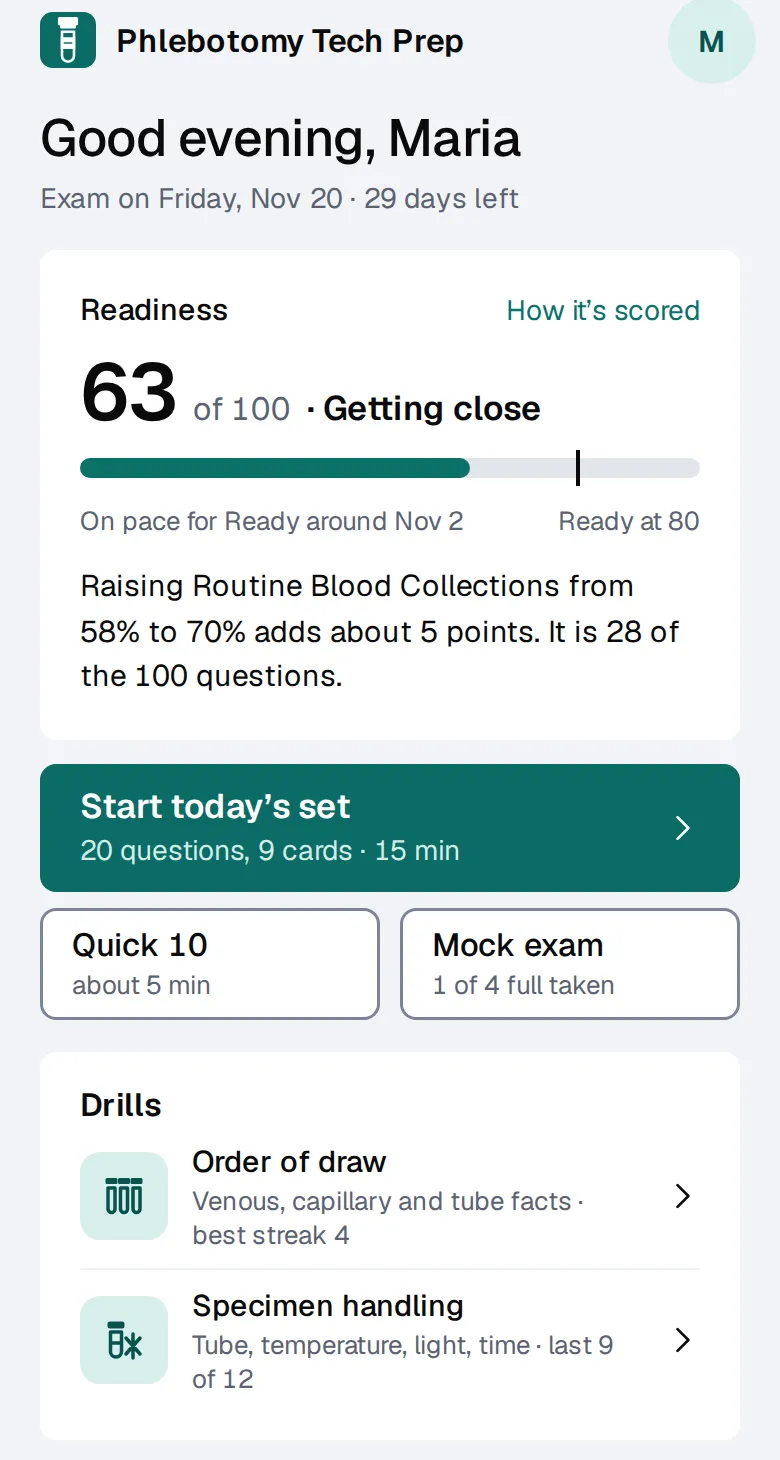 App design: the home screen with readiness out of 100 and the drills